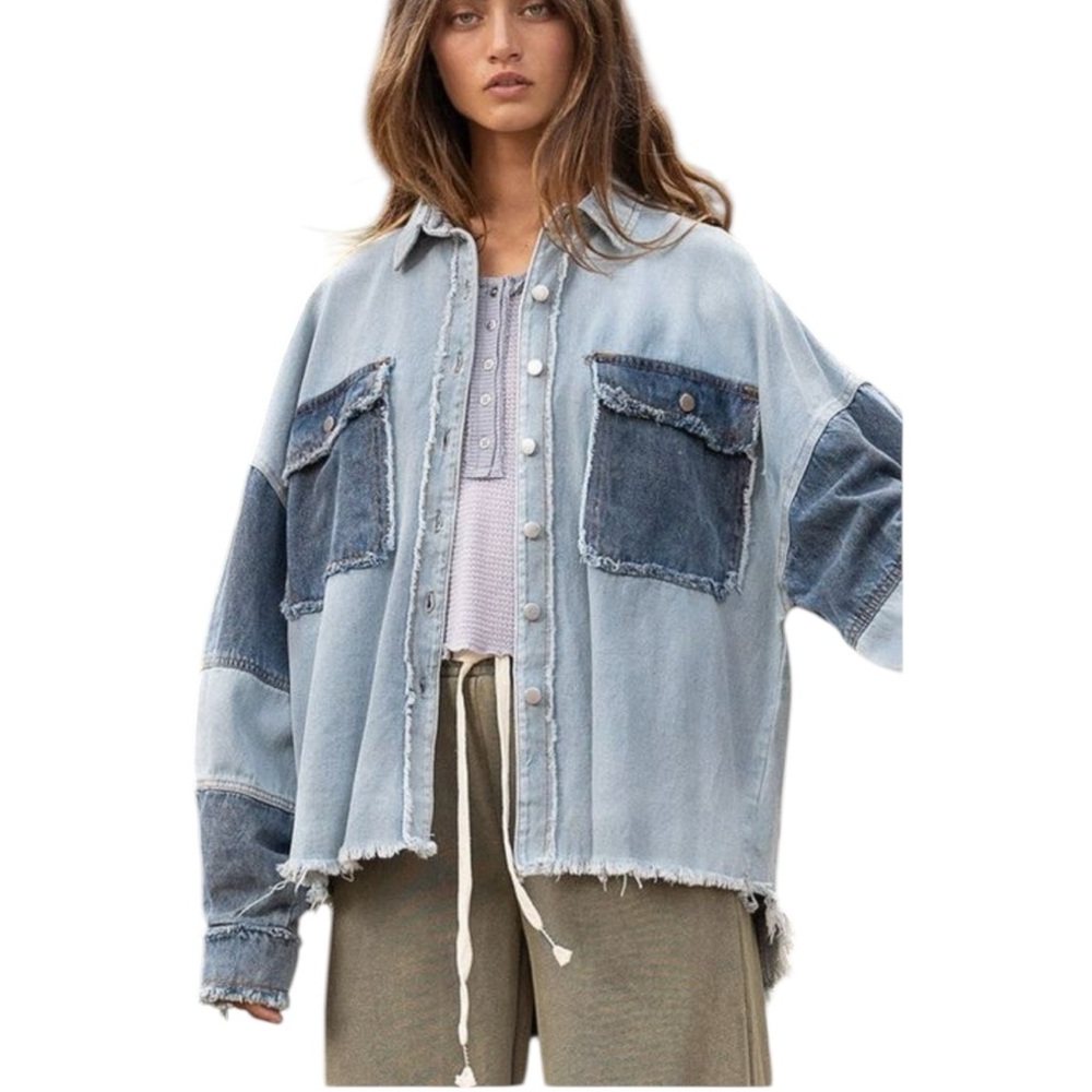 POL Women's Denim Patchwork Jacket - Blue and Cream